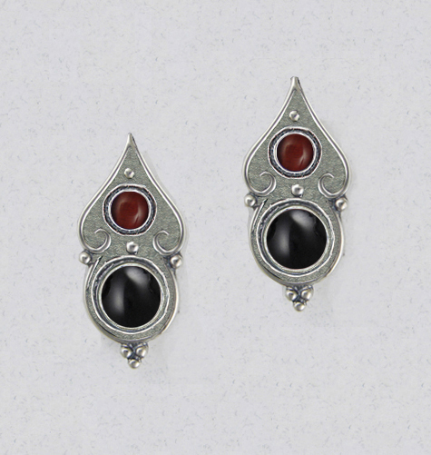 Sterling Silver Gothic Look Post Stud Earrings With Black Onyx And Red Tiger Eye